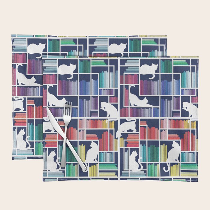 Rainbow bookshelf // navy blue background white shelf and library cats Placemat Gallery Image 1