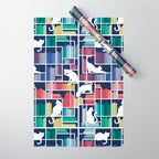 Rainbow bookshelf // navy blue background white shelf and library cats Wrapping Paper Gallery Image 1