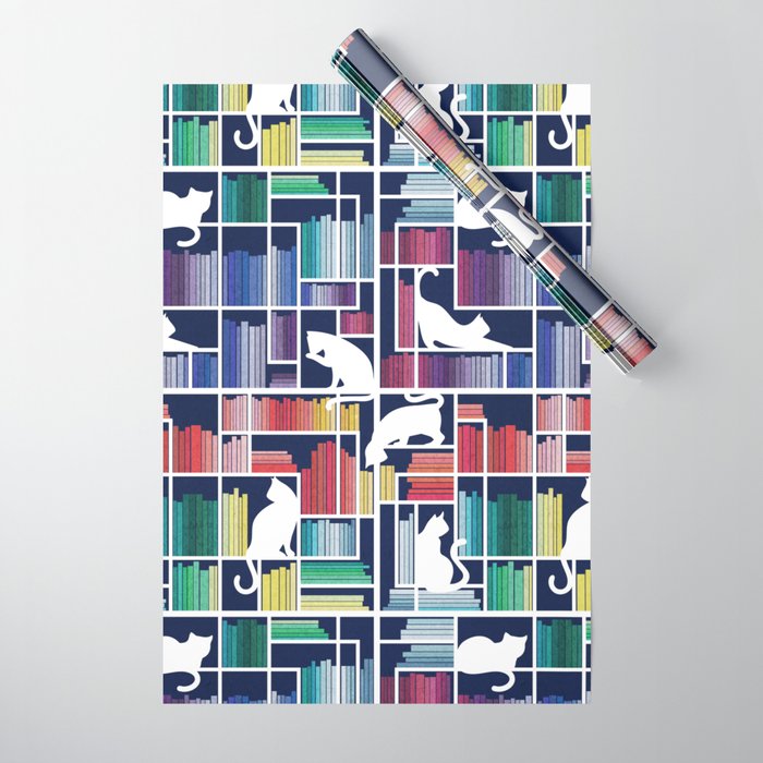 Rainbow bookshelf // navy blue background white shelf and library cats Wrapping Paper Gallery Image 1