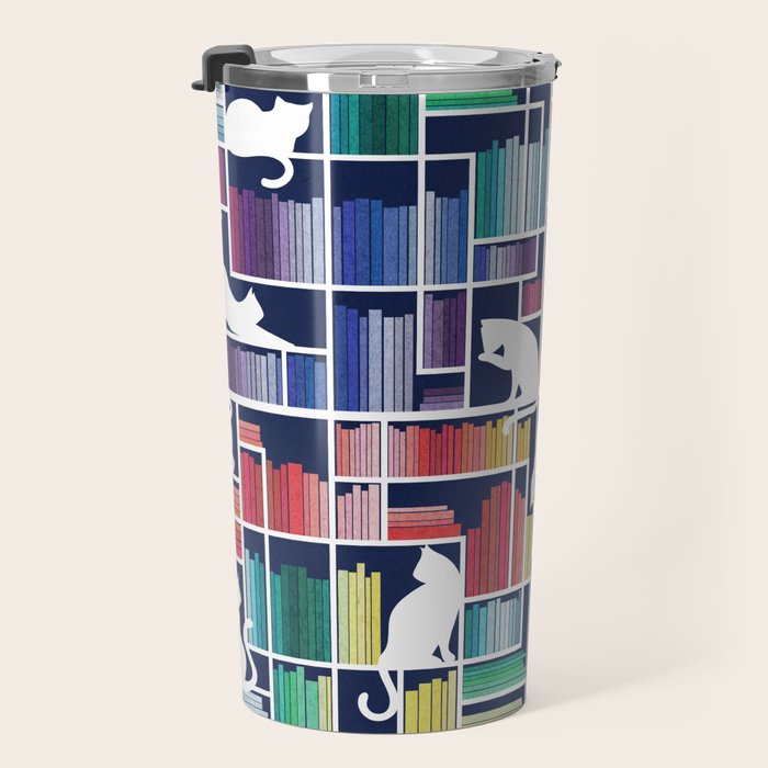 Rainbow bookshelf // navy blue background white shelf and library cats Travel Mug Gallery Image 3