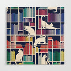 Rainbow bookshelf // navy blue background white shelf and library cats Wood Wall Art Gallery Image 1