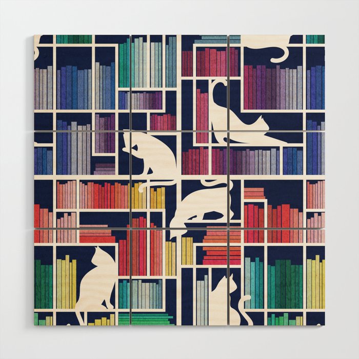 Rainbow bookshelf // navy blue background white shelf and library cats Wood Wall Art Gallery Image 1