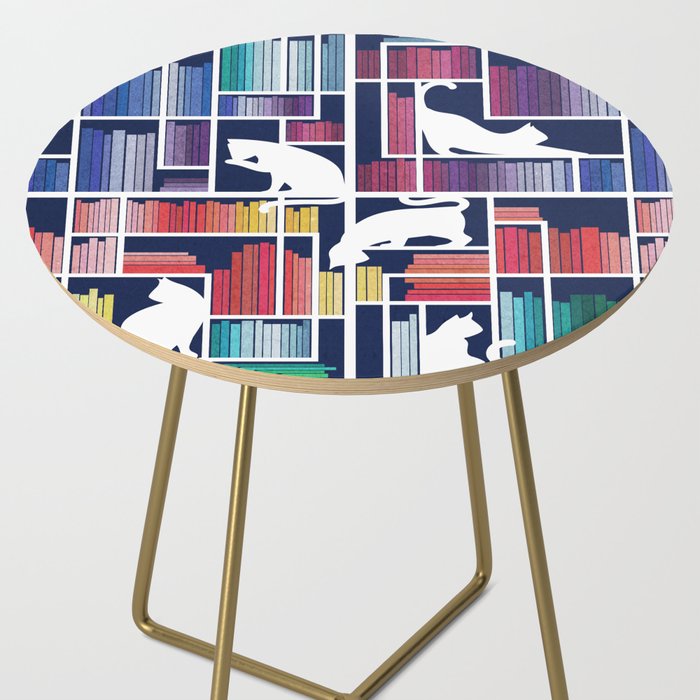Rainbow bookshelf // navy blue background white shelf and library cats Side Table Gallery Image 2