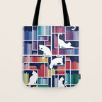 Rainbow bookshelf // navy blue background white shelf and library cats Tote Bag Gallery Image 1