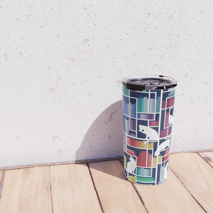 Rainbow bookshelf // navy blue background white shelf and library cats Travel Mug Gallery Image 4