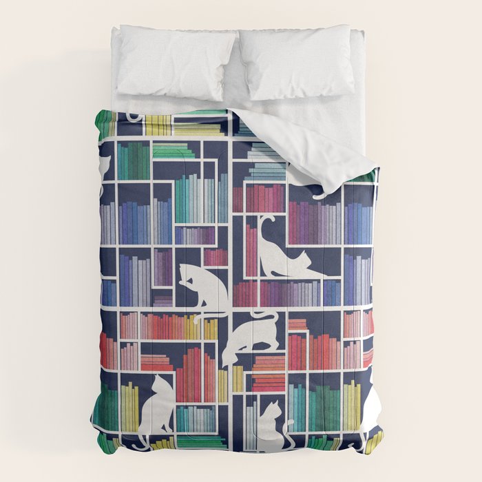Rainbow bookshelf // navy blue background white shelf and library cats Comforter Gallery Image 6