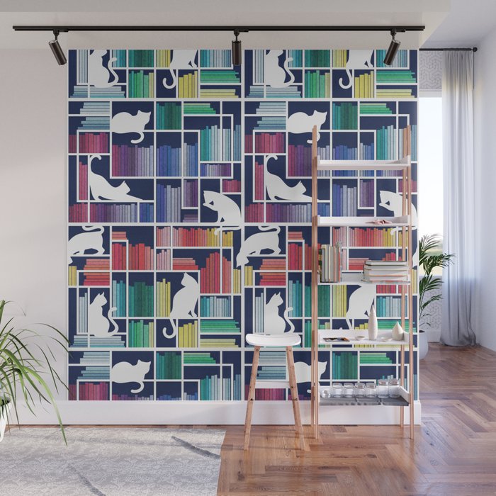 Rainbow bookshelf // navy blue background white shelf and library cats Wall Mural Gallery Image 1