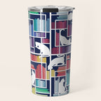 Rainbow bookshelf // navy blue background white shelf and library cats Travel Mug Gallery Image 1