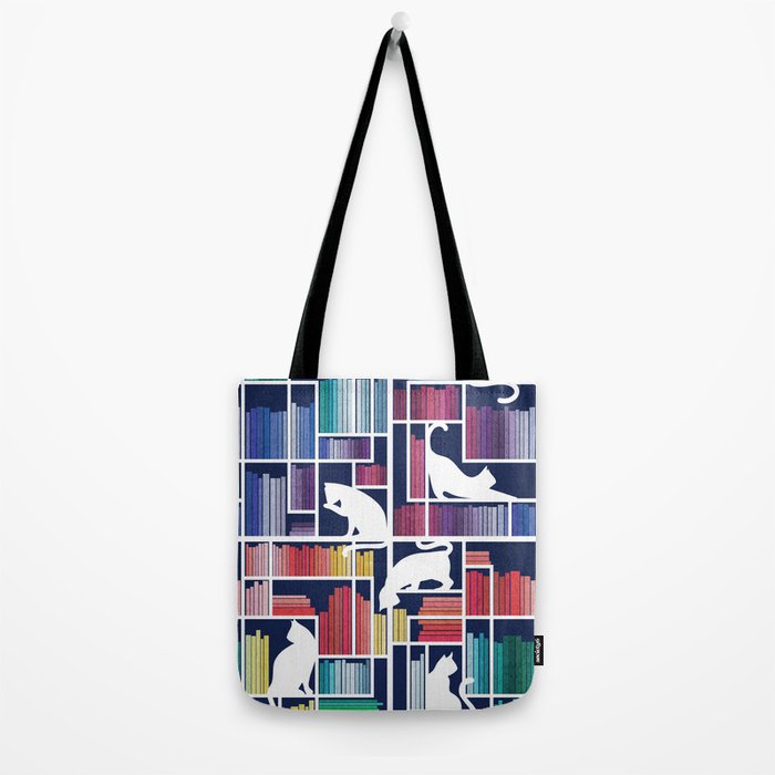 Rainbow bookshelf // navy blue background white shelf and library cats Tote Bag Gallery Image 2