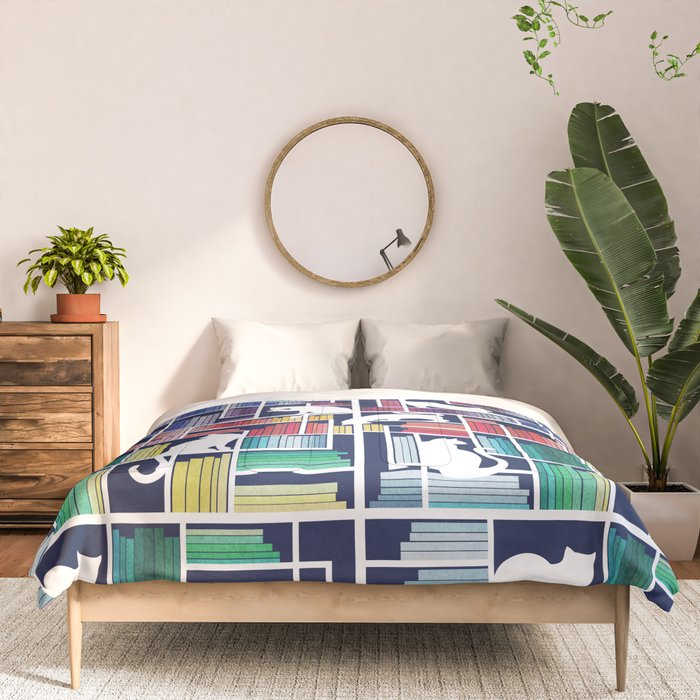 Rainbow bookshelf // navy blue background white shelf and library cats Comforter Gallery Image 3