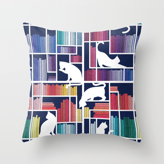 Rainbow bookshelf // navy blue background white shelf and library cats Throw Pillow Gallery Image 1
