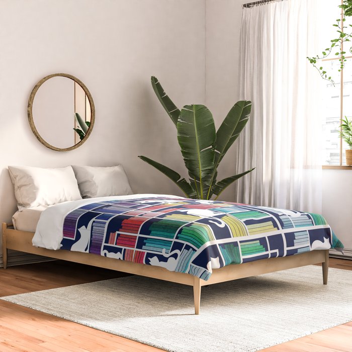 Rainbow bookshelf // navy blue background white shelf and library cats Comforter Gallery Image 2