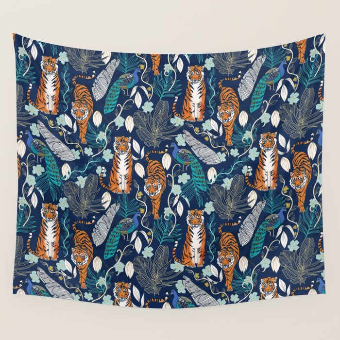Tiger Toile on Navy Wall Tapestry Gallery Image 1