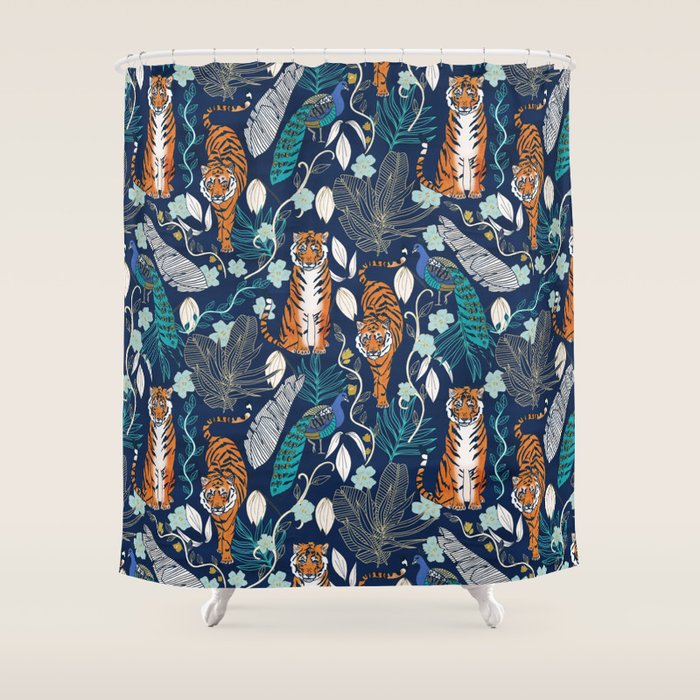Tiger Toile on Navy Shower Curtain Gallery Image 1