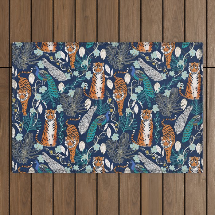 Tiger Toile on Navy Outdoor Rug Gallery Image 1