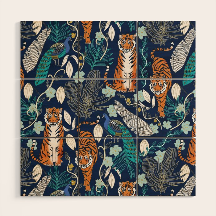 Tiger Toile on Navy Wood Wall Art Gallery Image 1