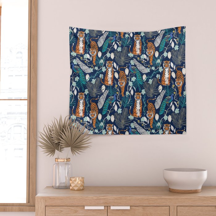 Tiger Toile on Navy Wall Tapestry Gallery Image 2