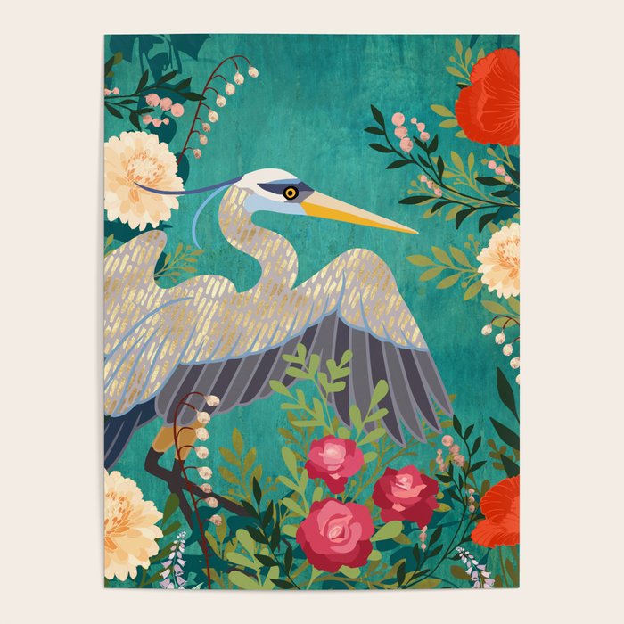 Bohemian Floral Heron Poster Gallery Image 4