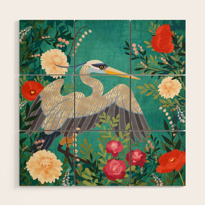 Bohemian Floral Heron Wood Wall Art Gallery Image 1