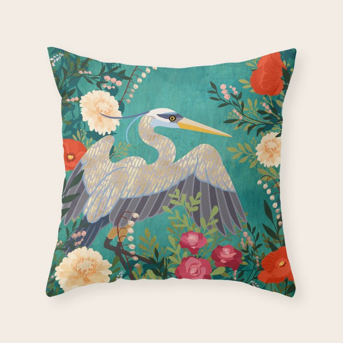 Bohemian Floral Heron Throw Pillow Gallery Image 6