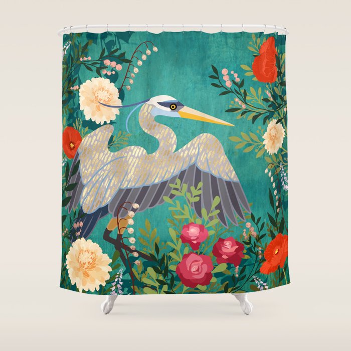 Bohemian Floral Heron Shower Curtain Gallery Image 1
