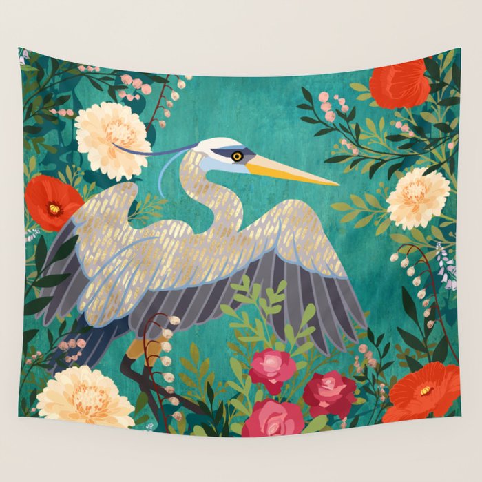 Bohemian Floral Heron Wall Tapestry Gallery Image 1