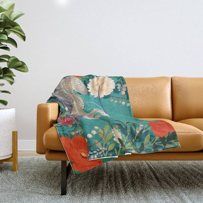 Bohemian Floral Heron Throw Blanket Gallery Image 1