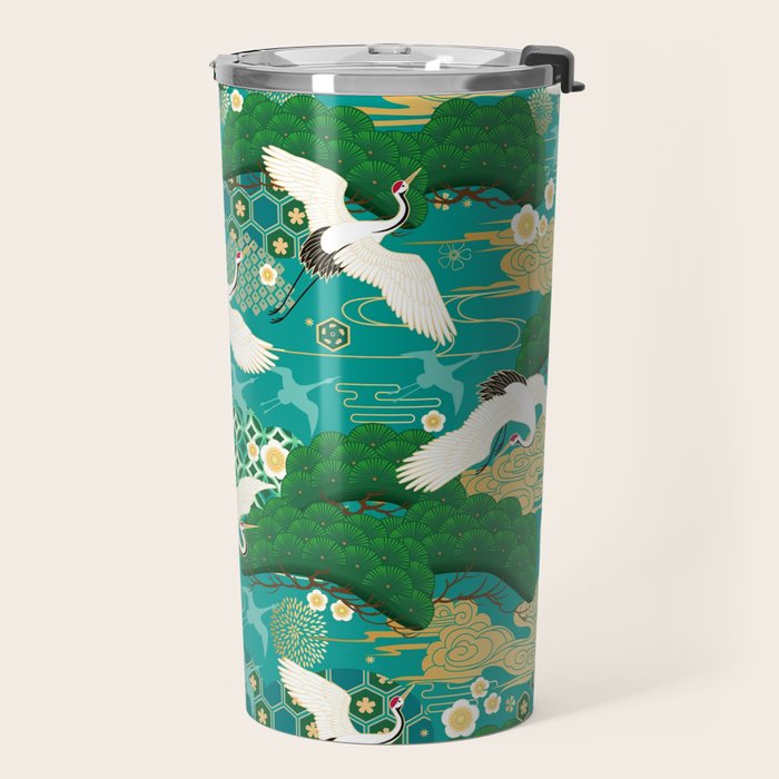 Japanese Flying Crane Aqua Mint Forest Pattern Travel Mug Gallery Image 2