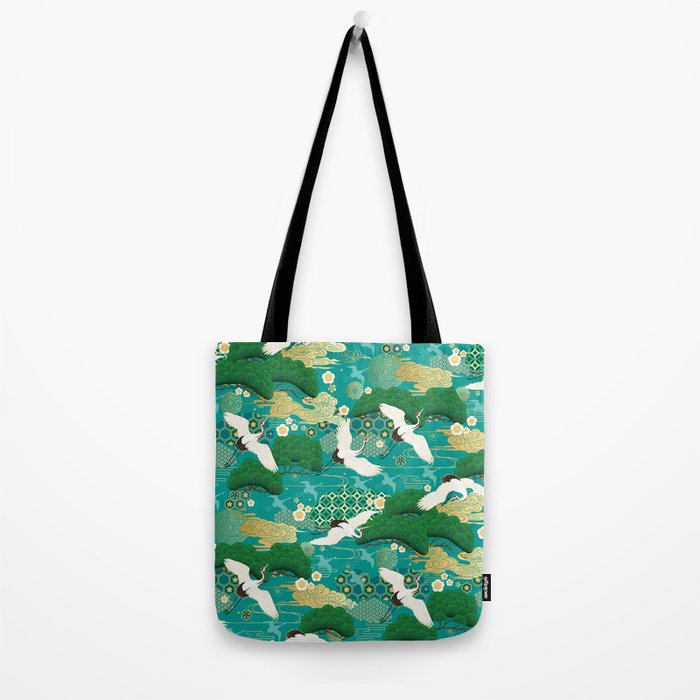 Japanese Flying Crane Aqua Mint Forest Pattern Tote Bag Gallery Image 2