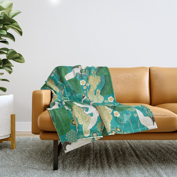 Japanese Flying Crane Aqua Mint Forest Pattern Throw Blanket Gallery Image 1