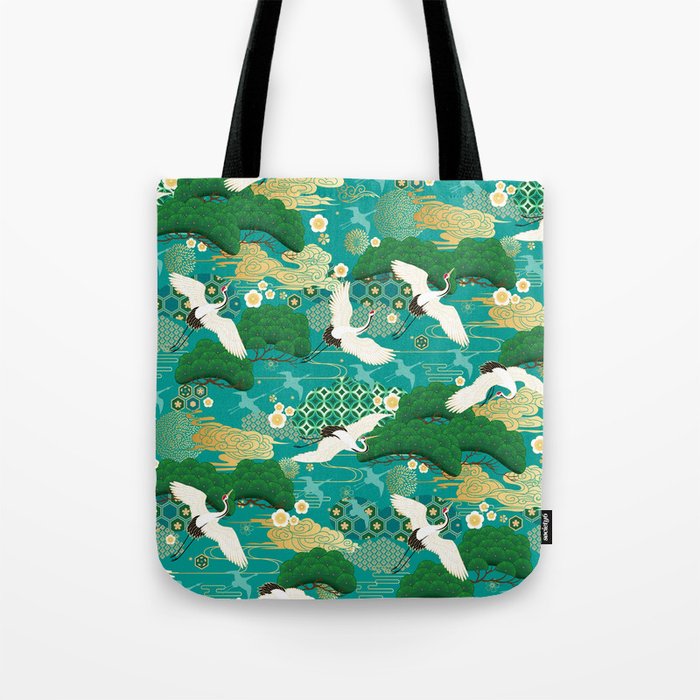 Japanese Flying Crane Aqua Mint Forest Pattern Tote Bag Gallery Image 1