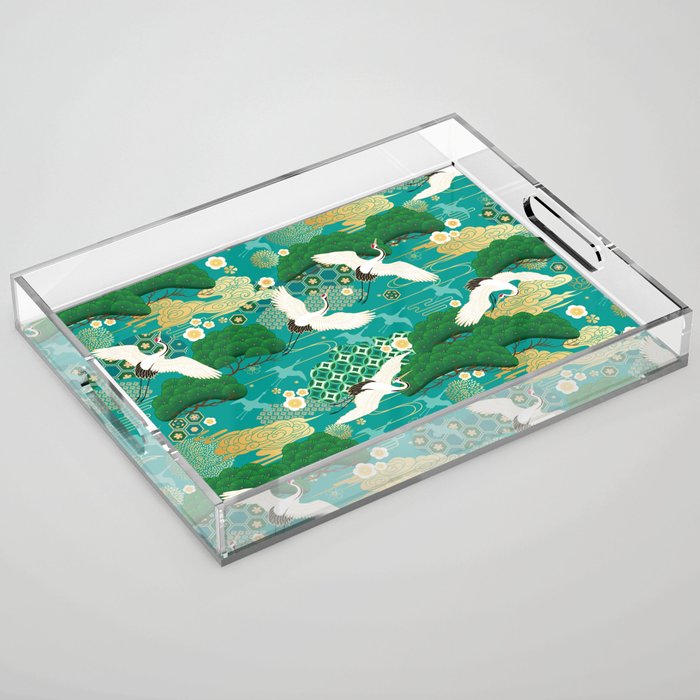 Japanese Flying Crane Aqua Mint Forest Pattern Acrylic Tray Gallery Image 1