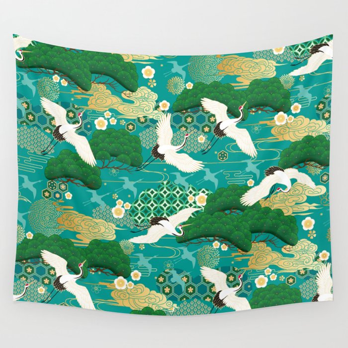 Japanese Flying Crane Aqua Mint Forest Pattern Wall Tapestry Gallery Image 4