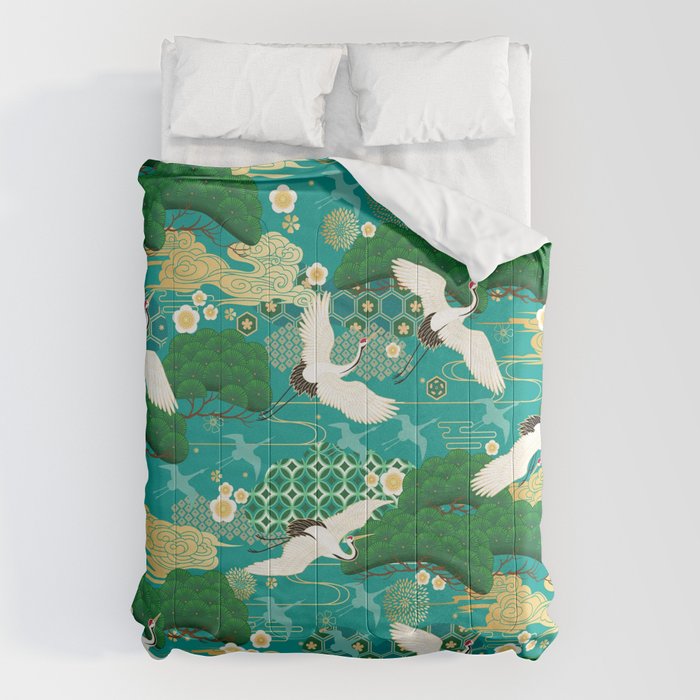 Japanese Flying Crane Aqua Mint Forest Pattern Comforter Gallery Image 1