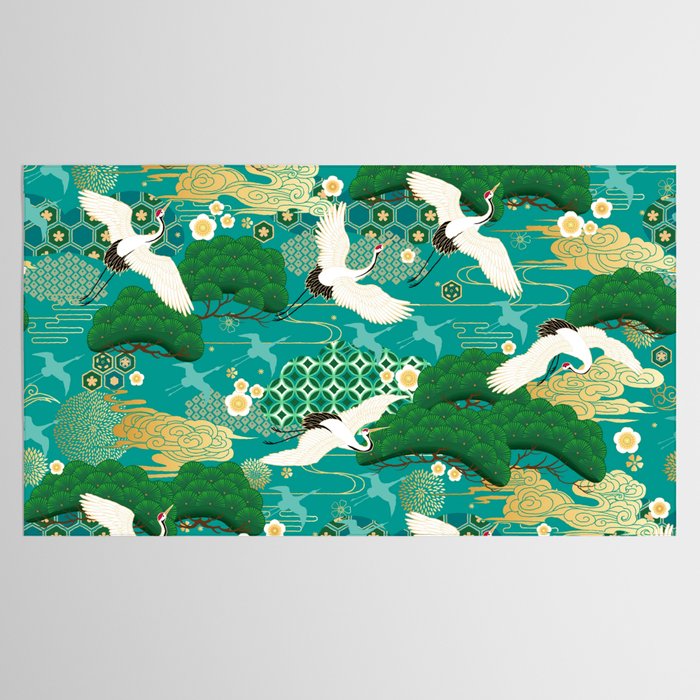 Japanese Flying Crane Aqua Mint Forest Pattern Tablecloth Gallery Image 2