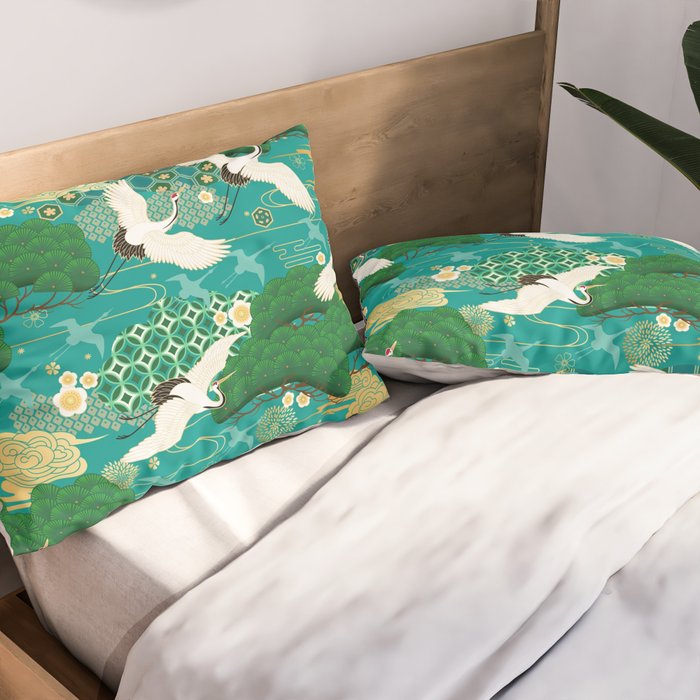 Japanese Flying Crane Aqua Mint Forest Pattern Pillow Sham Gallery Image 2