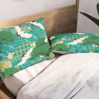 Japanese Flying Crane Aqua Mint Forest Pattern Pillow Sham Gallery Image 2
