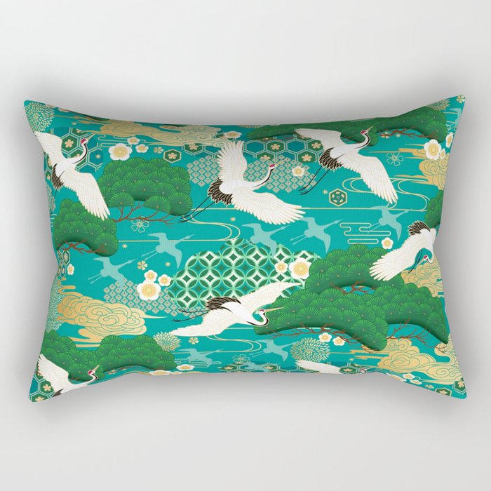 Japanese Flying Crane Aqua Mint Forest Pattern Rectangular Pillow Gallery Image 2