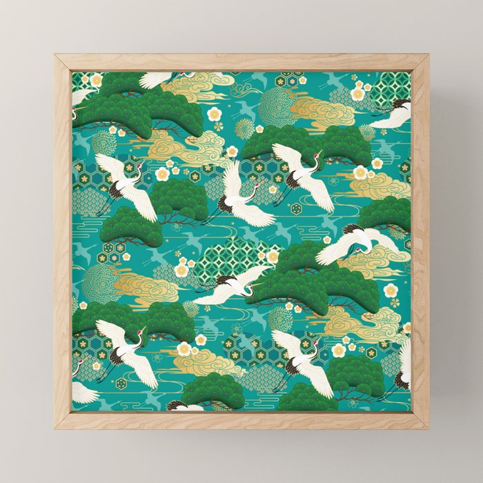 Japanese Flying Crane Aqua Mint Forest Pattern Mini Art Print Gallery Image 1