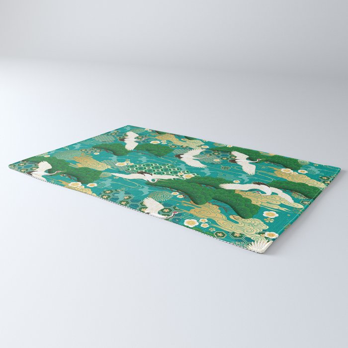 Japanese Flying Crane Aqua Mint Forest Pattern Rug Gallery Image 3