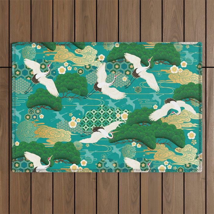 Japanese Flying Crane Aqua Mint Forest Pattern Outdoor Rug Gallery Image 1