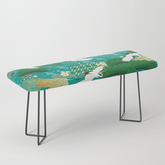 Japanese Flying Crane Aqua Mint Forest Pattern Bench Gallery Image 1