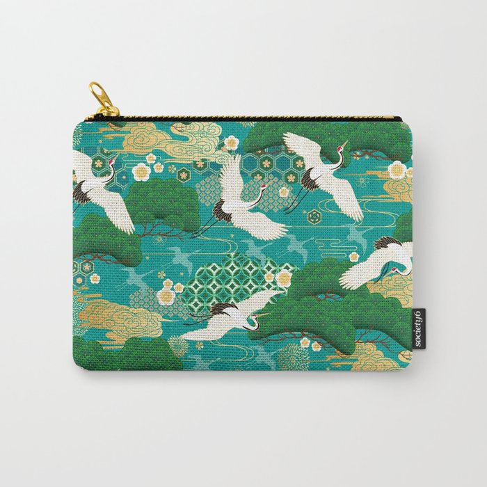 Japanese Flying Crane Aqua Mint Forest Pattern Carry All Pouch Gallery Image 1