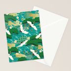 Japanese Flying Crane Aqua Mint Forest Pattern Stationery Card Gallery Image 2