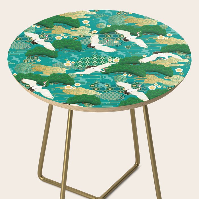 Japanese Flying Crane Aqua Mint Forest Pattern Side Table Gallery Image 2