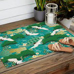 Japanese Flying Crane Aqua Mint Forest Pattern Outdoor Rug Gallery Image 2
