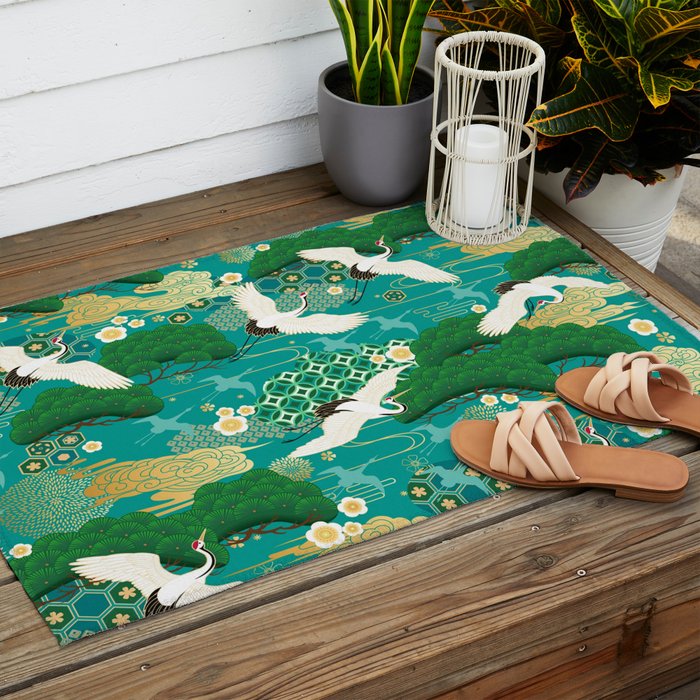 Japanese Flying Crane Aqua Mint Forest Pattern Outdoor Rug Gallery Image 2
