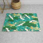 Japanese Flying Crane Aqua Mint Forest Pattern Rug Gallery Image 1