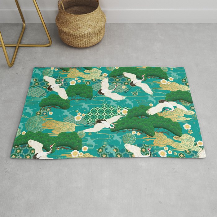 Japanese Flying Crane Aqua Mint Forest Pattern Rug Gallery Image 1
