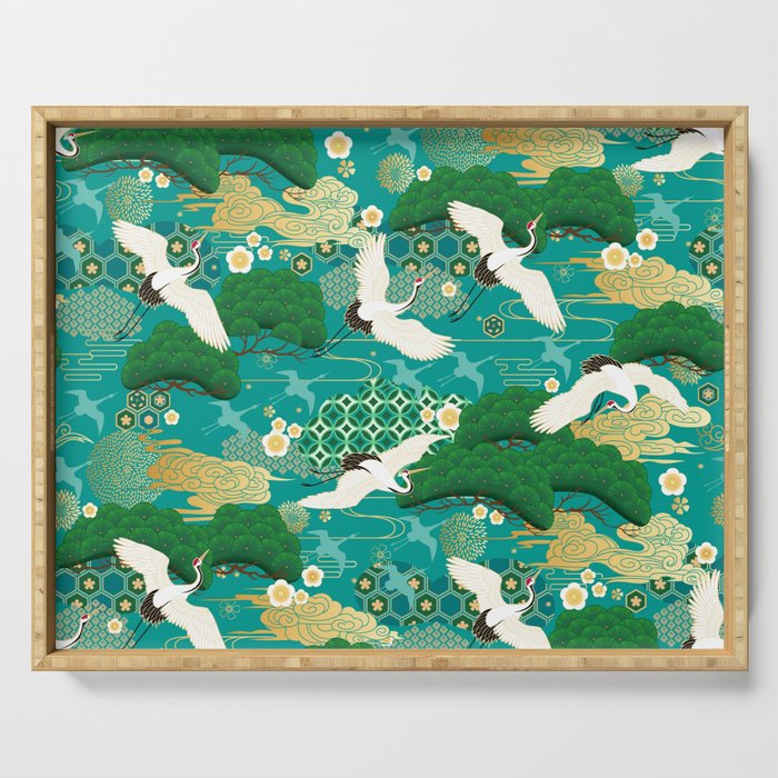 Japanese Flying Crane Aqua Mint Forest Pattern Serving Tray Gallery Image 1